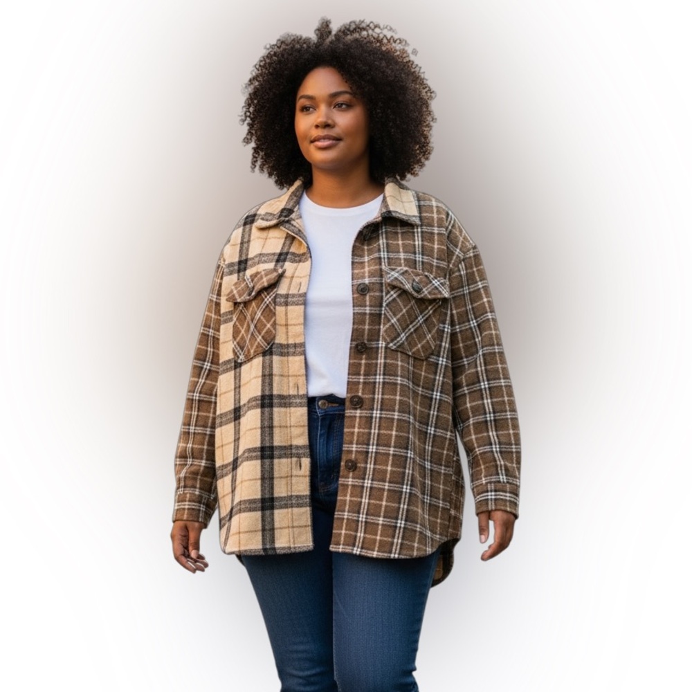 Streetwear Society Women's Tan and Black Plaid Button Up Shirt Jacket Size XL
